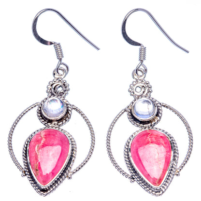 Premium Rhodochrosite, Rainbow Moonstone Earrings 1 7/8" (.925 Sterling Silver)