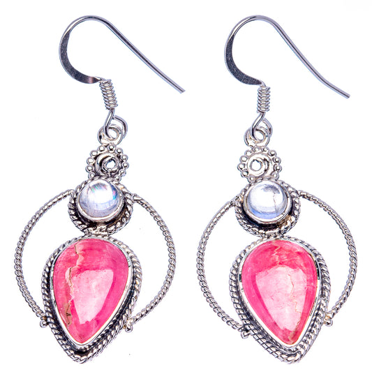 Sterling silver dangling earrings with pink teardrop gemstone and iridescent moonstone-like top