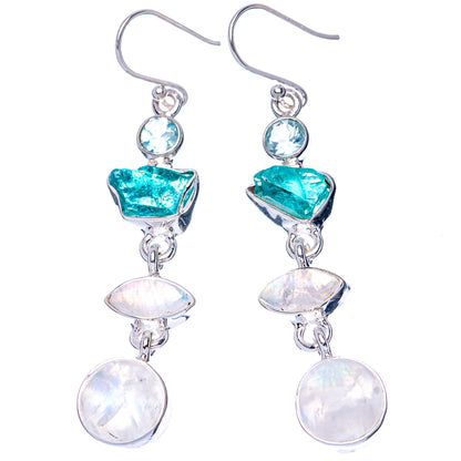 Premium Rainbow Moonstone, Apatite, Blue Topaz Earrings 2 1/4" (925 Sterling Silver) E1283