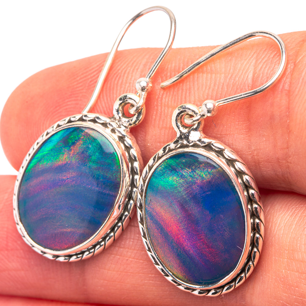Oval iridescent opal drop earrings, sterling silver, decorative rope rim and fishhook