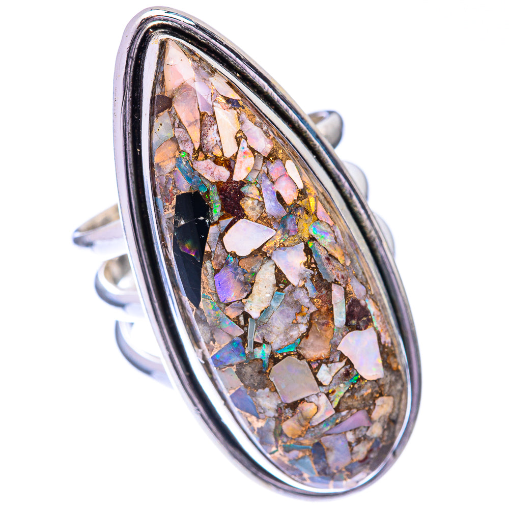 Sterling silver oval opal mosaic ring, side view of metal band and frame