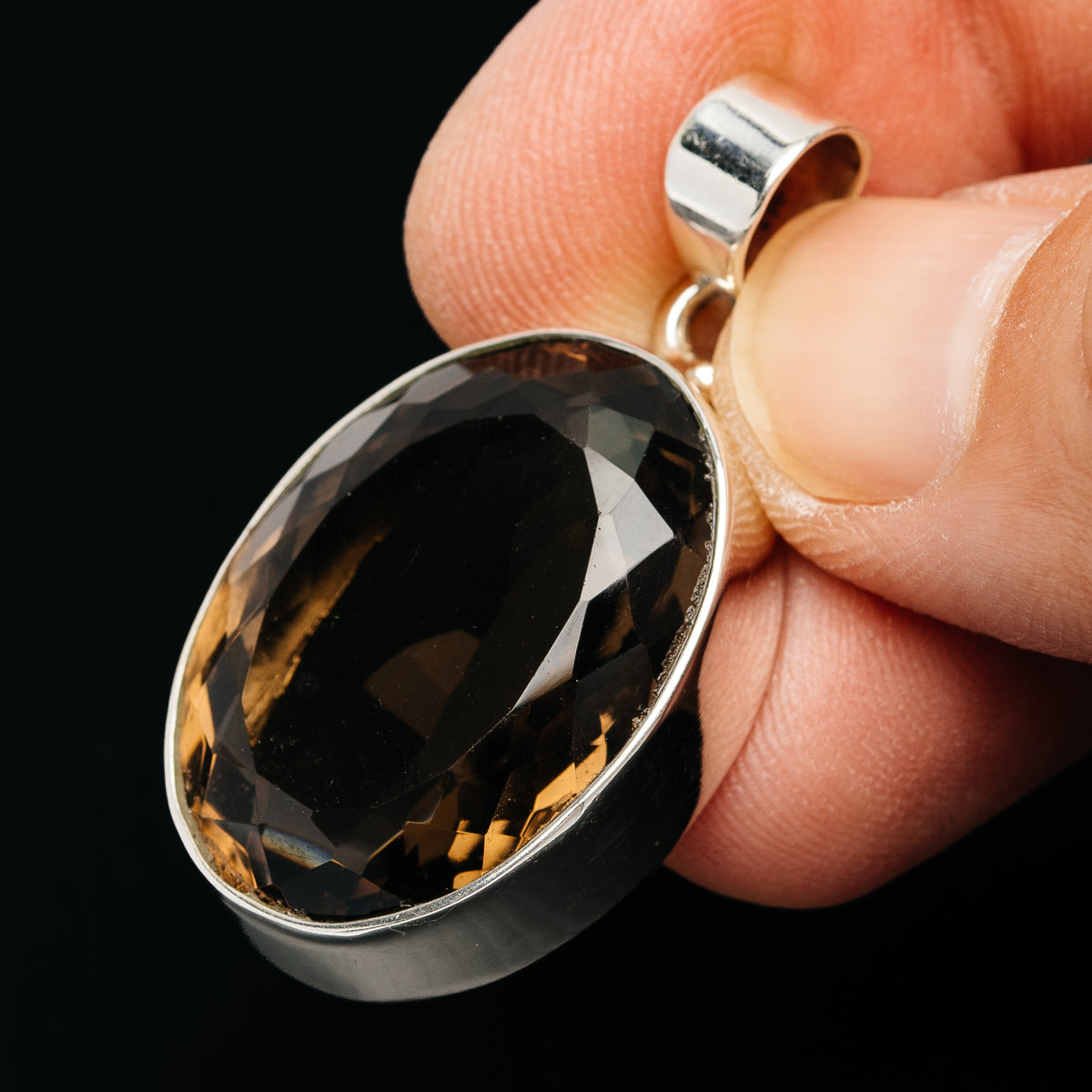 Premium 34ct Faceted Smoky Quartz Pendant 1 1/2" (.925 Sterling Silver)