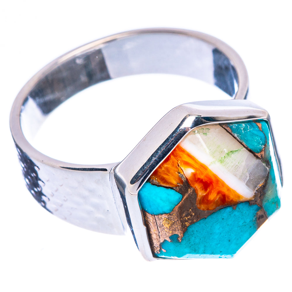 Sterling silver spiny oyster turquoise ring with multicolor faceted inlay, size 6.5