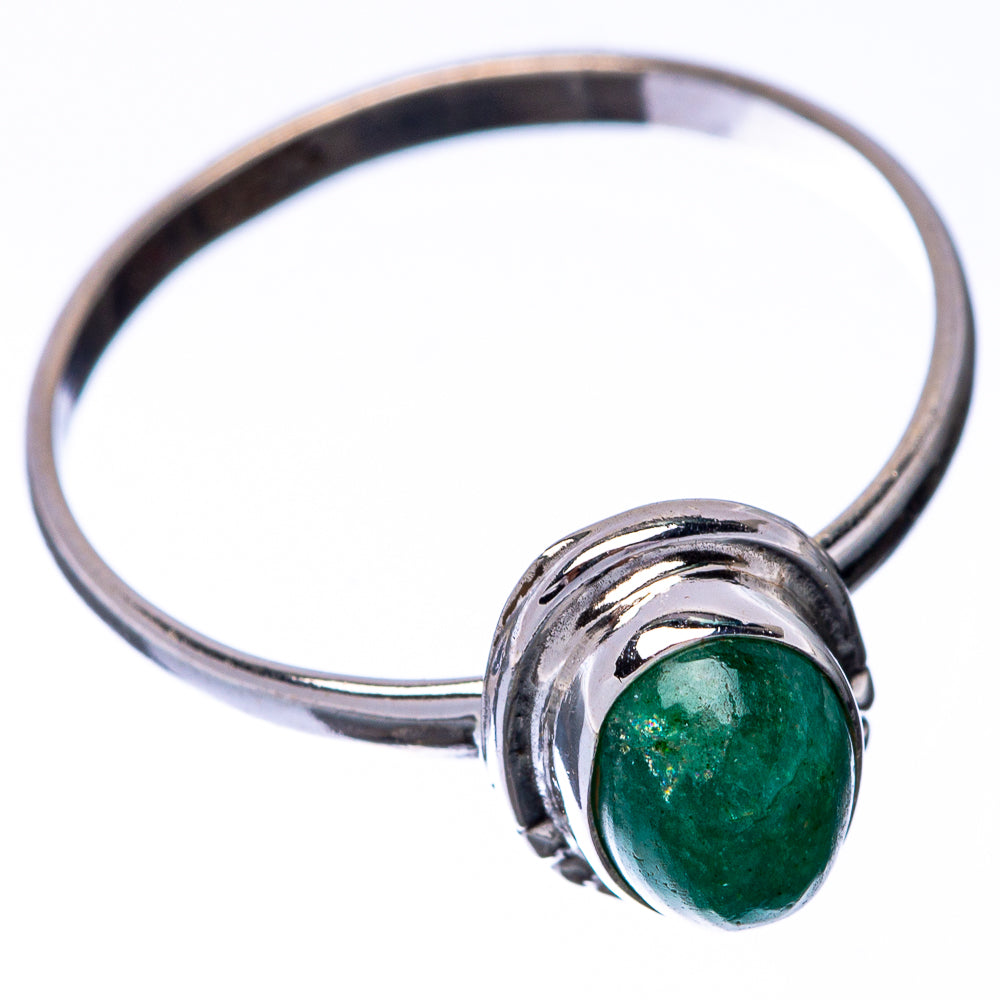 Green oval gemstone cabochon sterling silver ring with slim band, size 7