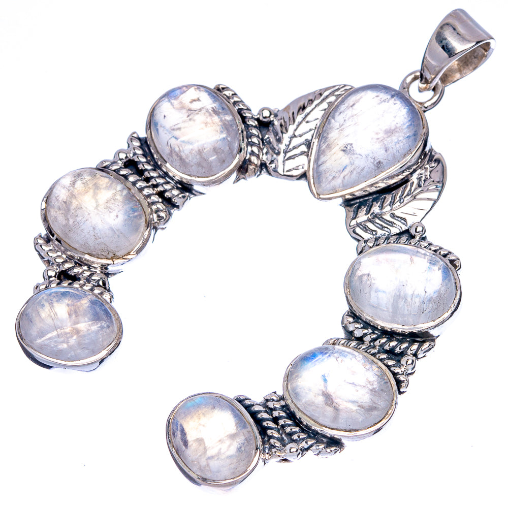 Sterling silver horseshoe pendant with seven oval rainbow moonstone cabochons