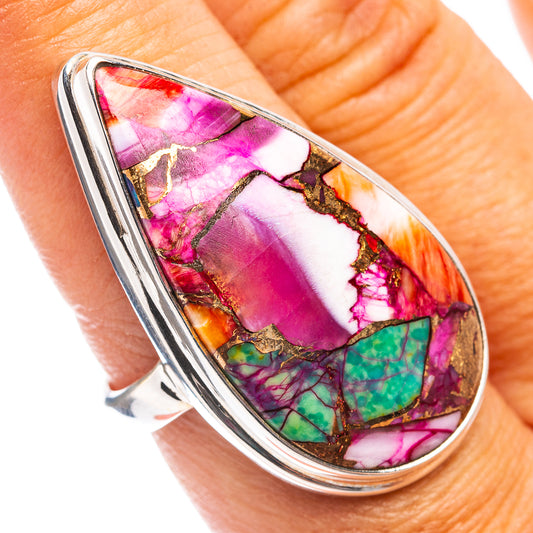Sterling silver teardrop ring with pink, purple, and turquoise stone inlay