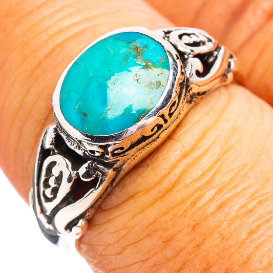Turquoise oval stone sterling silver ring with engraved band, size 7.5