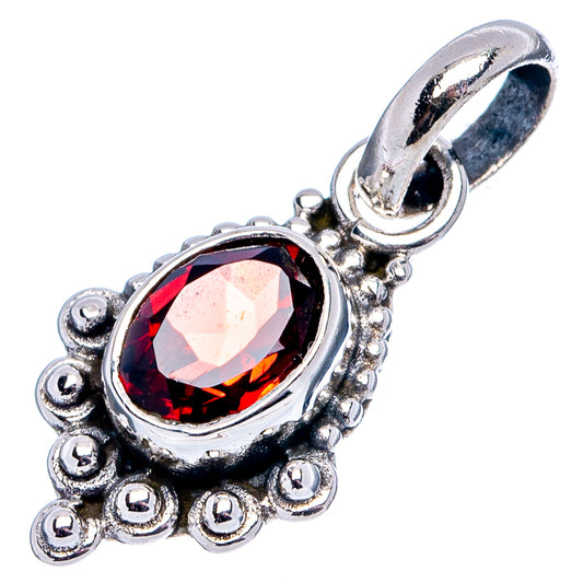 Oval garnet red gemstone pendant with .925 sterling silver beaded halo and open bail