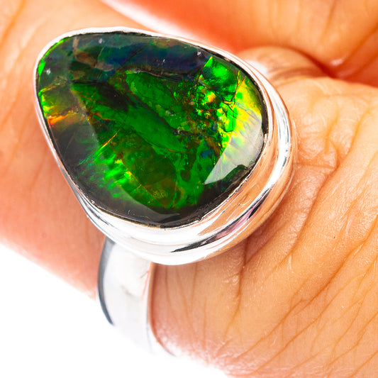 Sterling silver ammolite ring with teardrop green iridescent stone, size 7