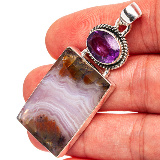 Sterling silver pendant with purple amethyst oval and rectangular plume agate stone