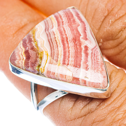 Sterling silver rhodochrosite ring, oval pink stone with red-white banded stripes