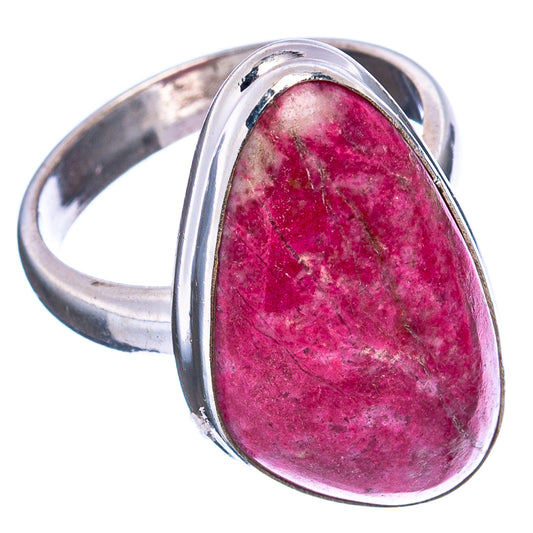Thulite ring, oval pink cabochon set in .925 sterling silver band, size 6.75