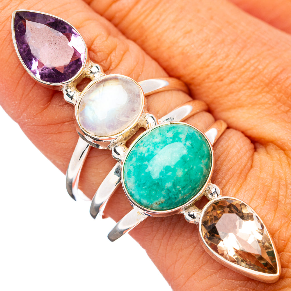 Sterling silver four-gem ring with purple amethyst, green amazonite, white moonstone, amber stones