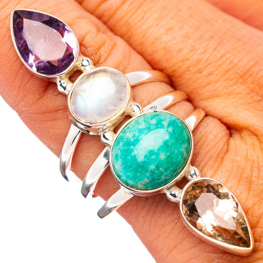 Sterling silver four-gem ring with purple amethyst, green amazonite, white moonstone, amber stones