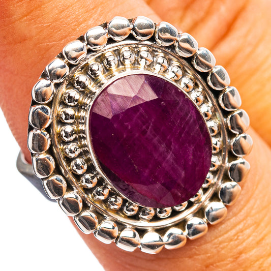 Round purple ruby gemstone sterling silver ring with beaded bezel and dome band