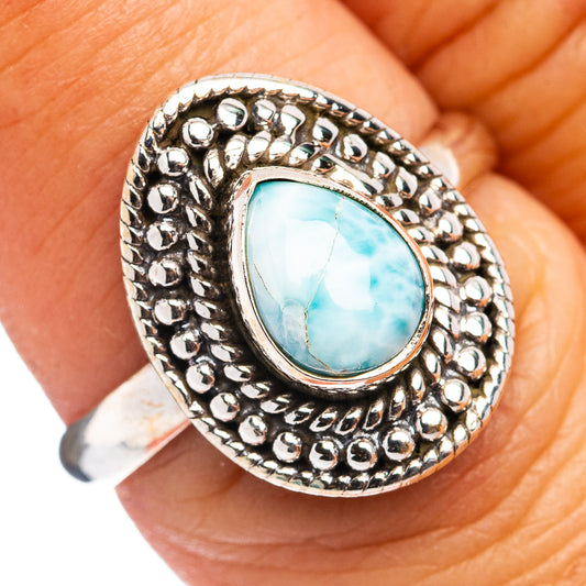 Oval larimar gemstone ring in .925 sterling silver, ornate filigree border, size 7.75