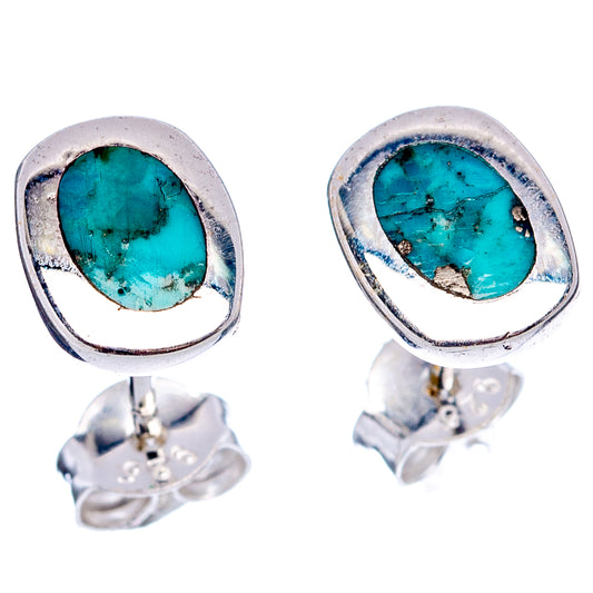 Oval turquoise cabochon stud earrings in .925 sterling silver, teardrop bezel