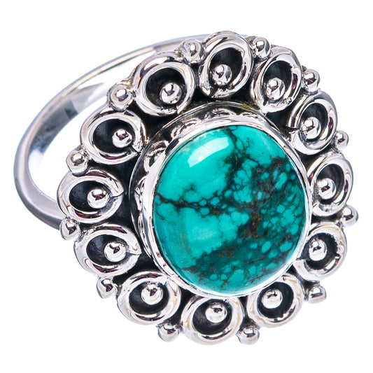 Turquoise oval cabochon sterling silver ring, side view with raised beaded bezel
