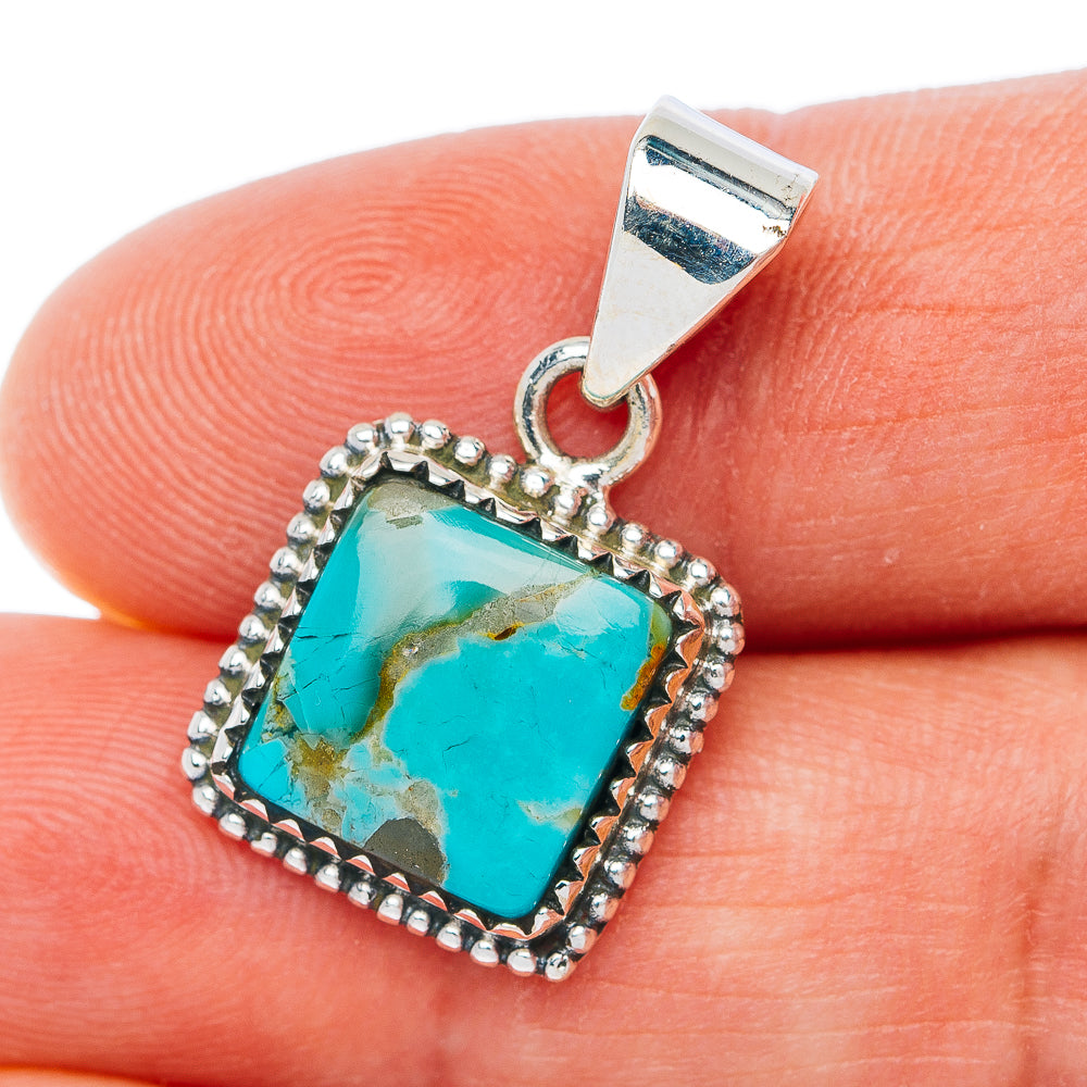 Sterling silver turquoise square pendant with beaded border and top bail