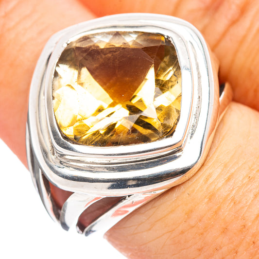 Sterling silver citrine ring with large square yellow gemstone, front view