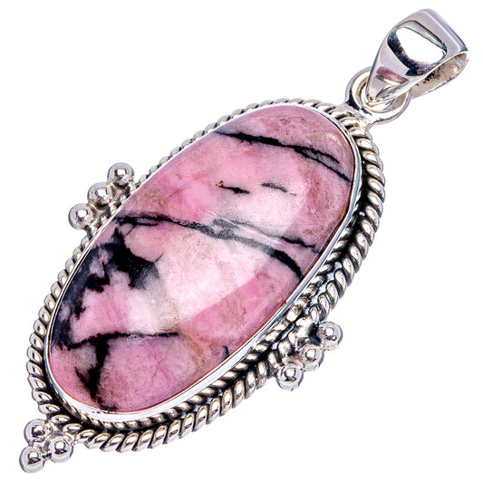 Rhodonite oval pendant in ornate .925 sterling silver frame with loop bail and side balls