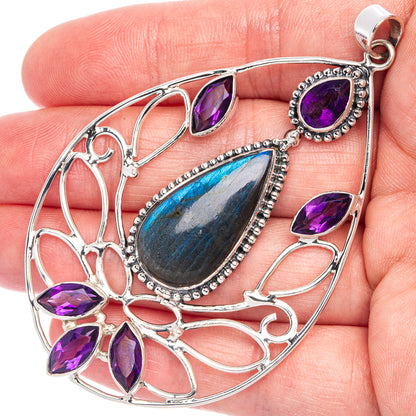 Signature Labradorite, Amethyst Pendant 3" (925 Sterling Silver) P41190