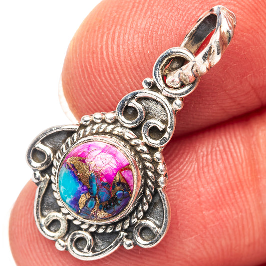 Sterling silver pendant with round multicolor opal cabochon and ornate filigree bail