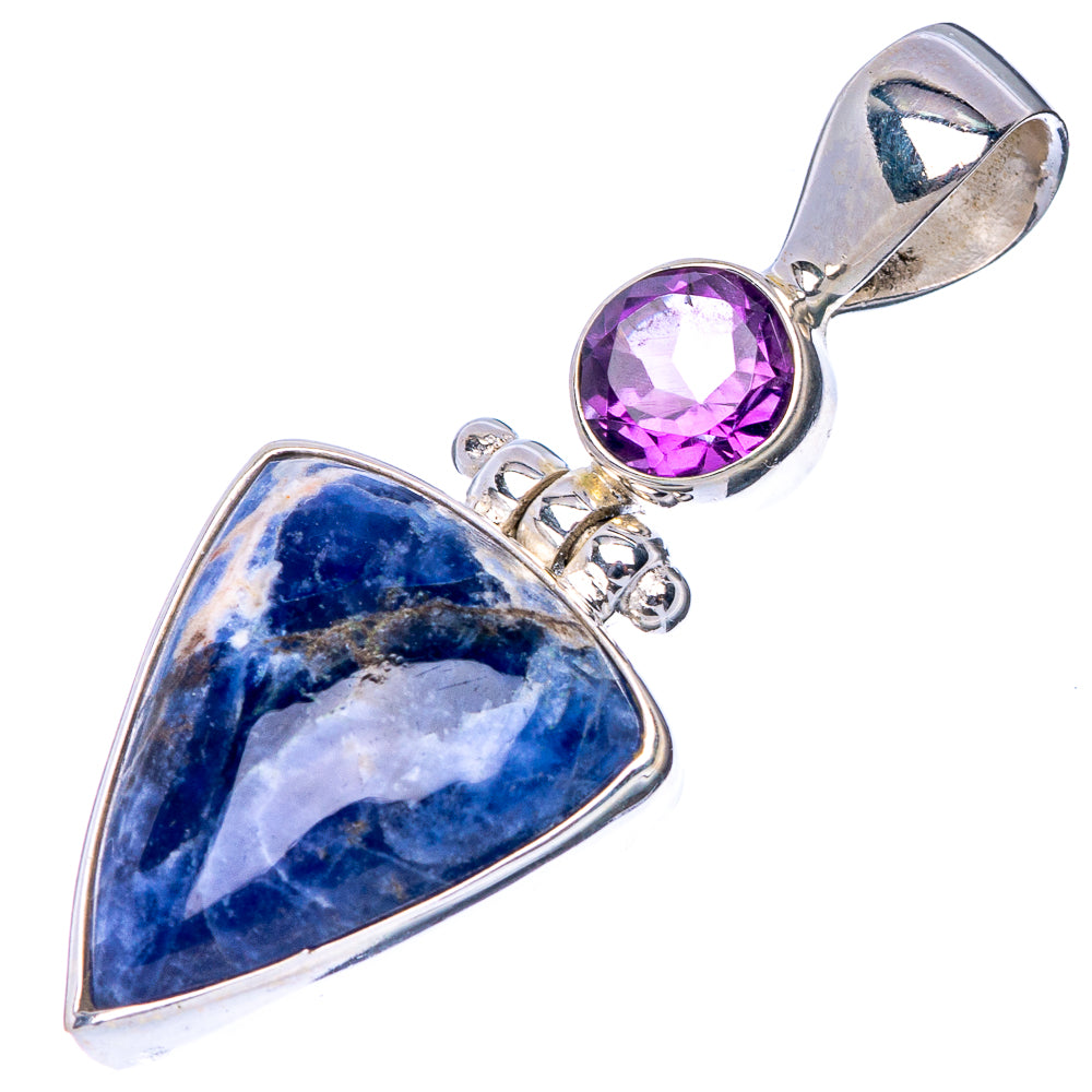 Sterling silver pendant with round purple amethyst and blue sodalite teardrop cabochon