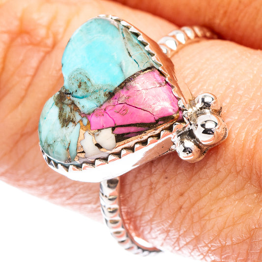 Turquoise and pink heart stone sterling silver ring, textured band and prong set