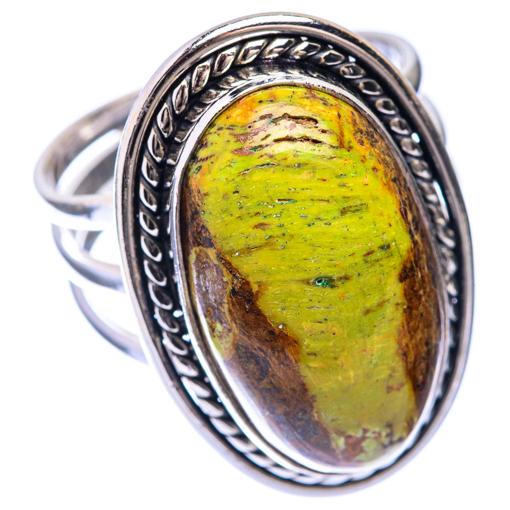 Sterling silver ring with oval cabochon Gaspeite, carved bezel and textured band
