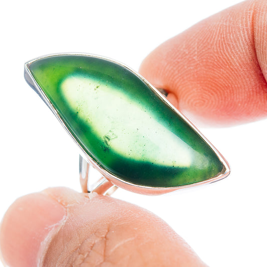 Nephrite jade ring, .925 sterling silver, size 7; green teardrop stone in bezel