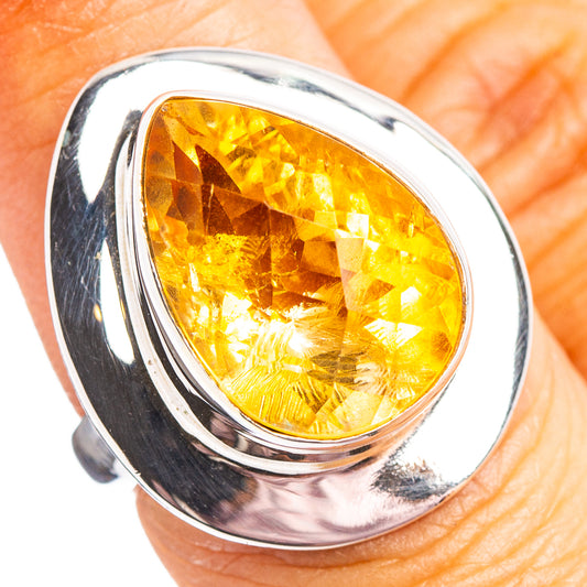 Silver ring with oval faceted citrine gemstone, bright yellow, size 6.75
