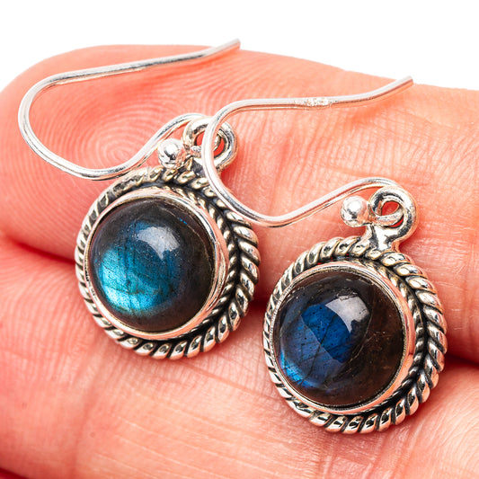 Labradorite sterling silver earrings with oval blue stone and rope bezel, drop hook