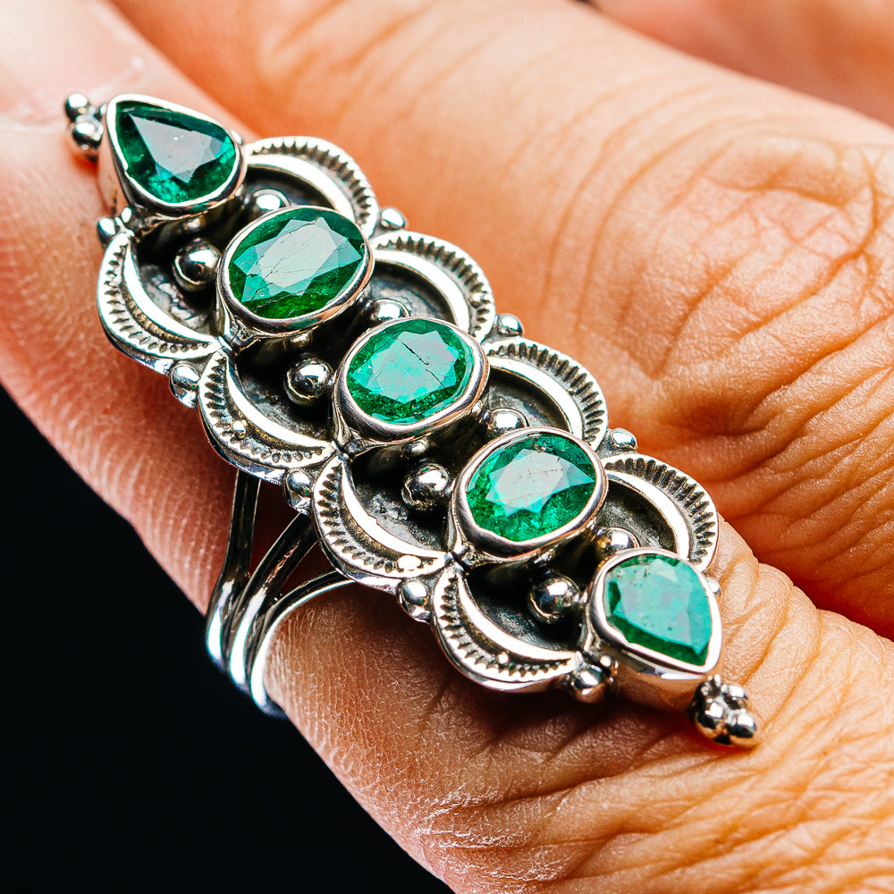 Exclusive 5-Gemstone Faceted Zambian Emerald Ring Size 6 (.925 Sterling Silver)