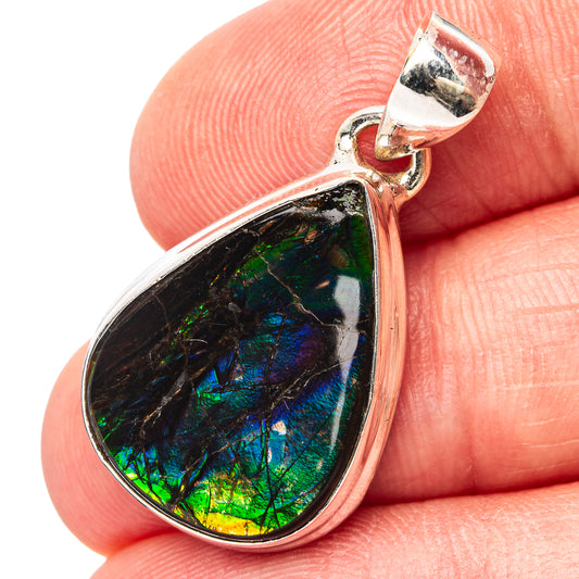 Sterling silver teardrop ammolite pendant with iridescent green-blue gemstone cabochon