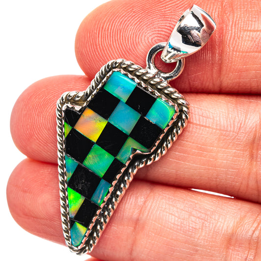 Sterling silver lightning bolt opal pendant with blue-green mosaic inlay and rope border