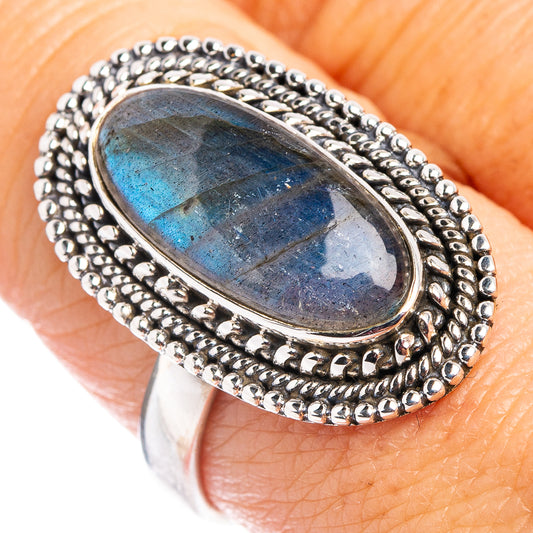 Sterling silver labradorite oval cabochon ring with beaded bezel