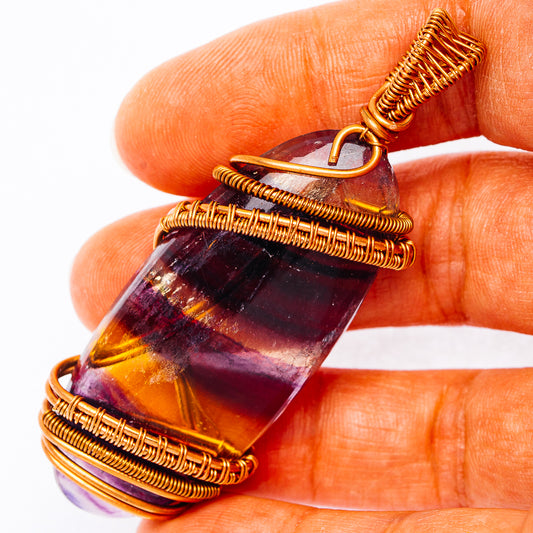 Banded Fluorite Wire Wrap Pendant 2 5/8" (Copper)