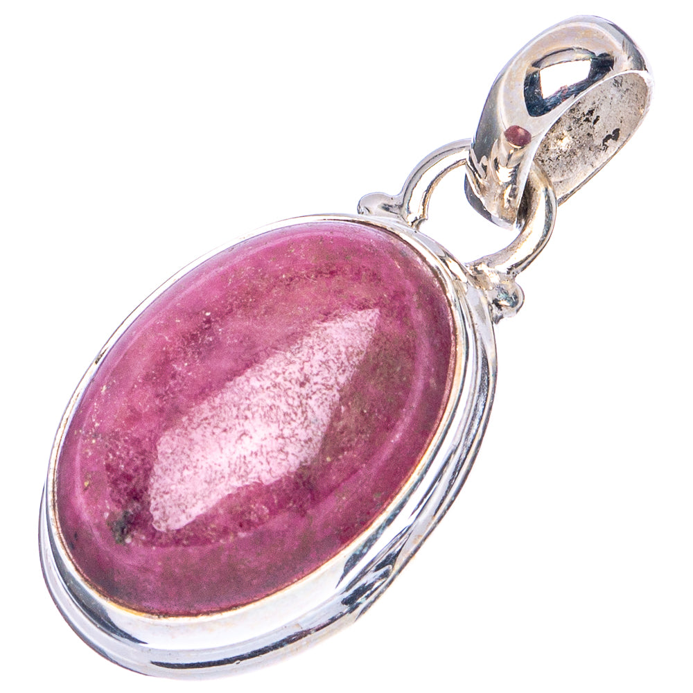 Front view oval rhodonite gemstone pendant in .925 sterling silver bezel.