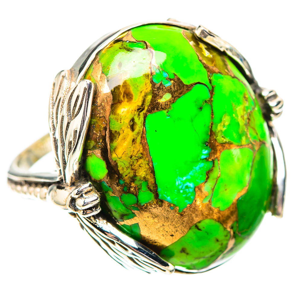 Green turquoise cabochon sterling silver ring with ornate split band