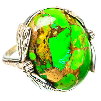 Green turquoise cabochon sterling silver ring with ornate split band