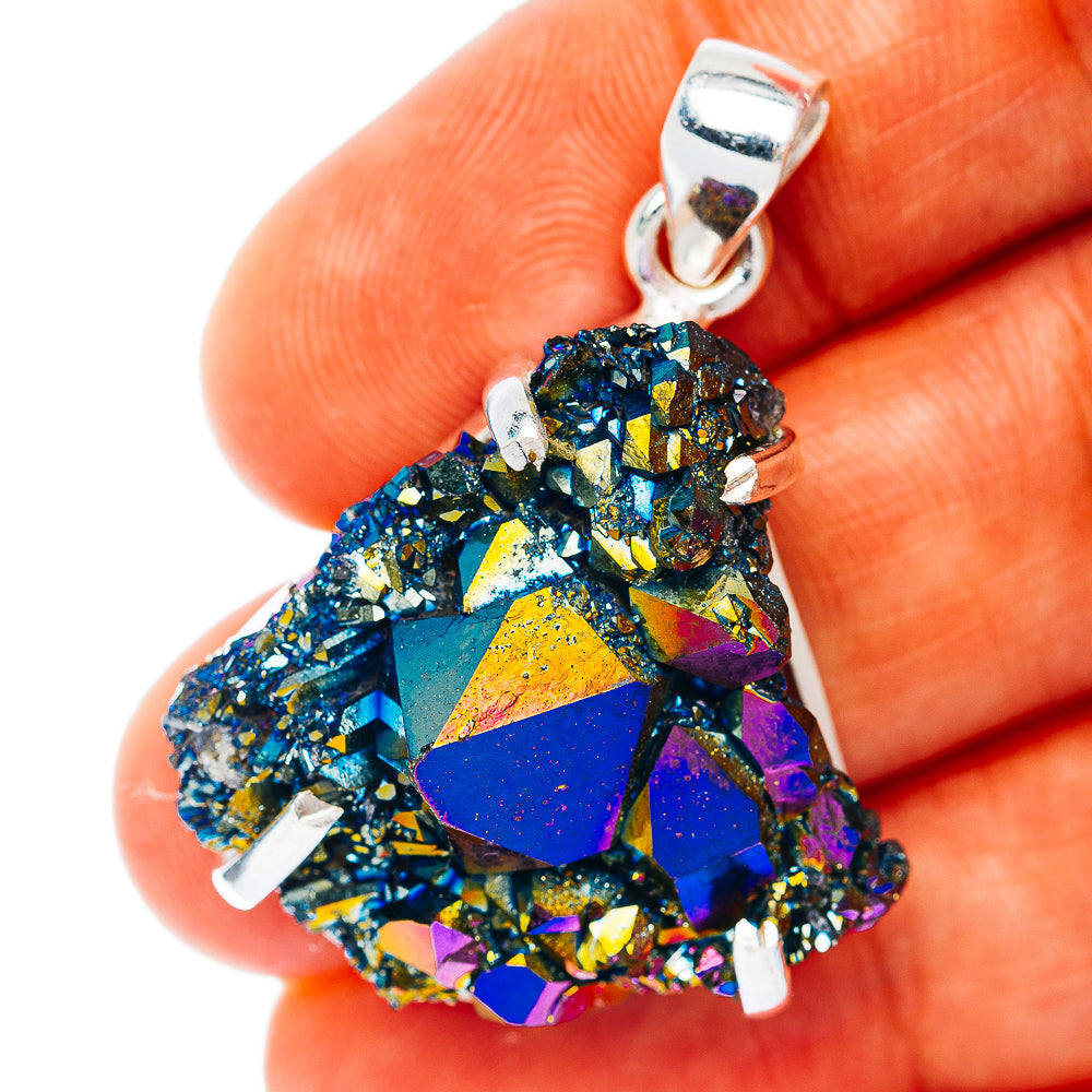 Sterling silver aura quartz pendant with multicolor iridescent druzy stone
