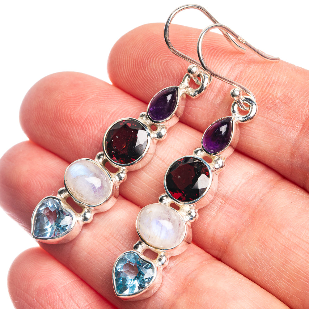Rainbow Moonstone, Garnet, Blue Topaz, Amethyst 925 Sterling Silver Earrings 2"