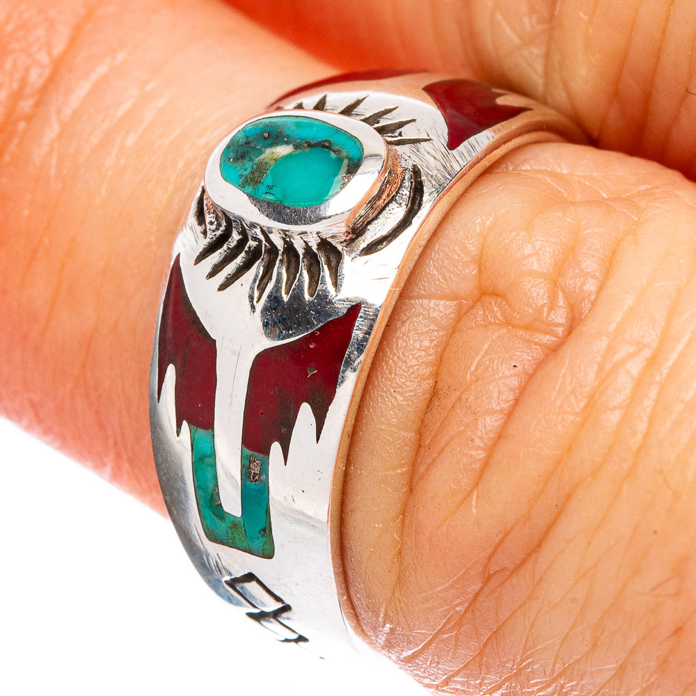 Turquoise inlay sterling silver ring with oval stone and sunburst engraving