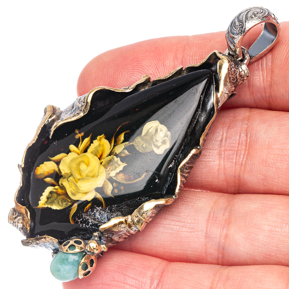 Ana Silver Co Baltic Amber Cameo Pendant 2 3/4" (925 Sterlnig Silver)