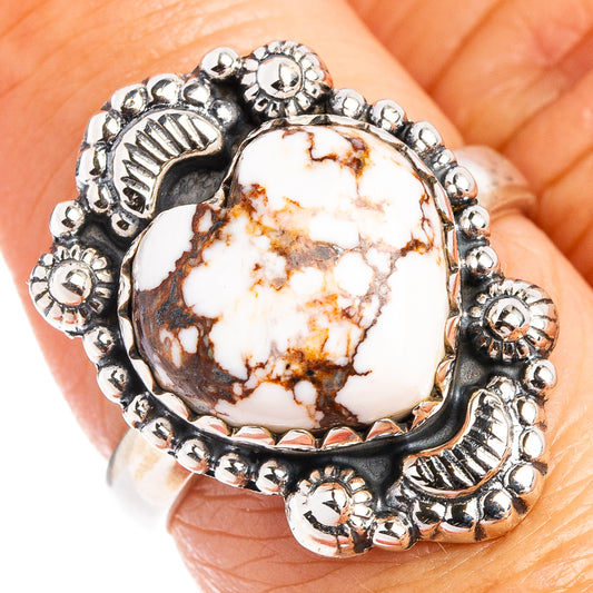 Sterling silver wild horse jasper ring with oval white stone and brown veining, beaded halo