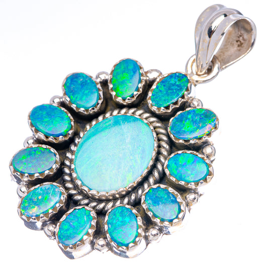 Sterling silver opal pendant with large oval blue-green center, bezel-set oval stones, bail
