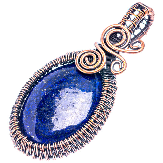 Oxidized copper wire-wrap pendant with blue lapis lazuli teardrop stone and spiral bail