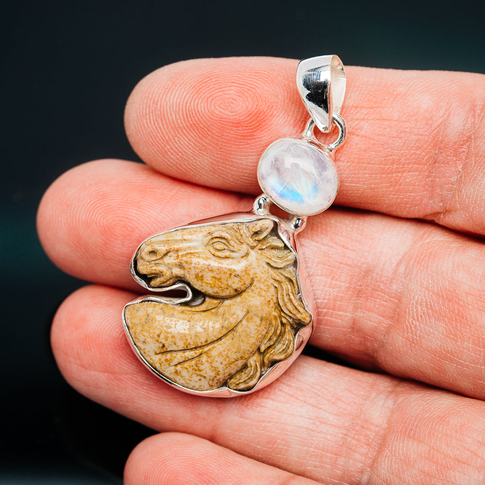 Premium Picture Jasper Horse, Rainbow Moonstone Pendant 1 3/4" (.925 Sterling Silver)