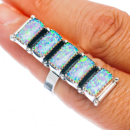 Exclusive 5-Gemstone Faceted 5-Gemstone Lab-Created Fire Opal Ring Size 7 Adjustable (.925 Sterling Silver)